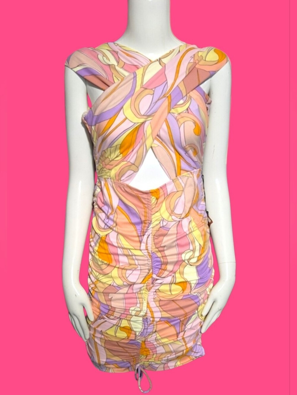 Haute Monde Pink Purple Yellow Swirl Cutout Ruched Mini Dress